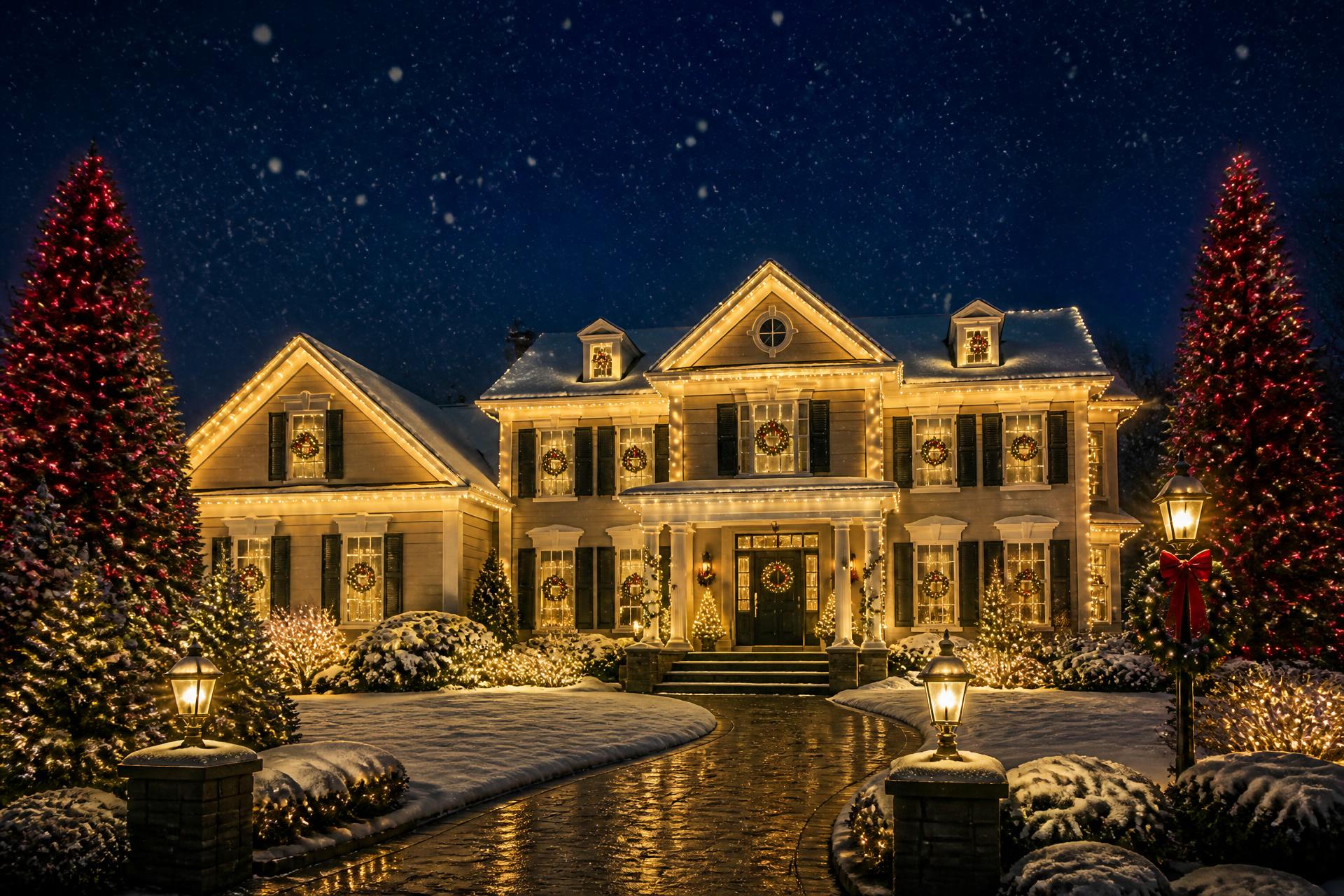 Elegant home in Woodbridge, NJ decorated with professional Christmas lights at night
