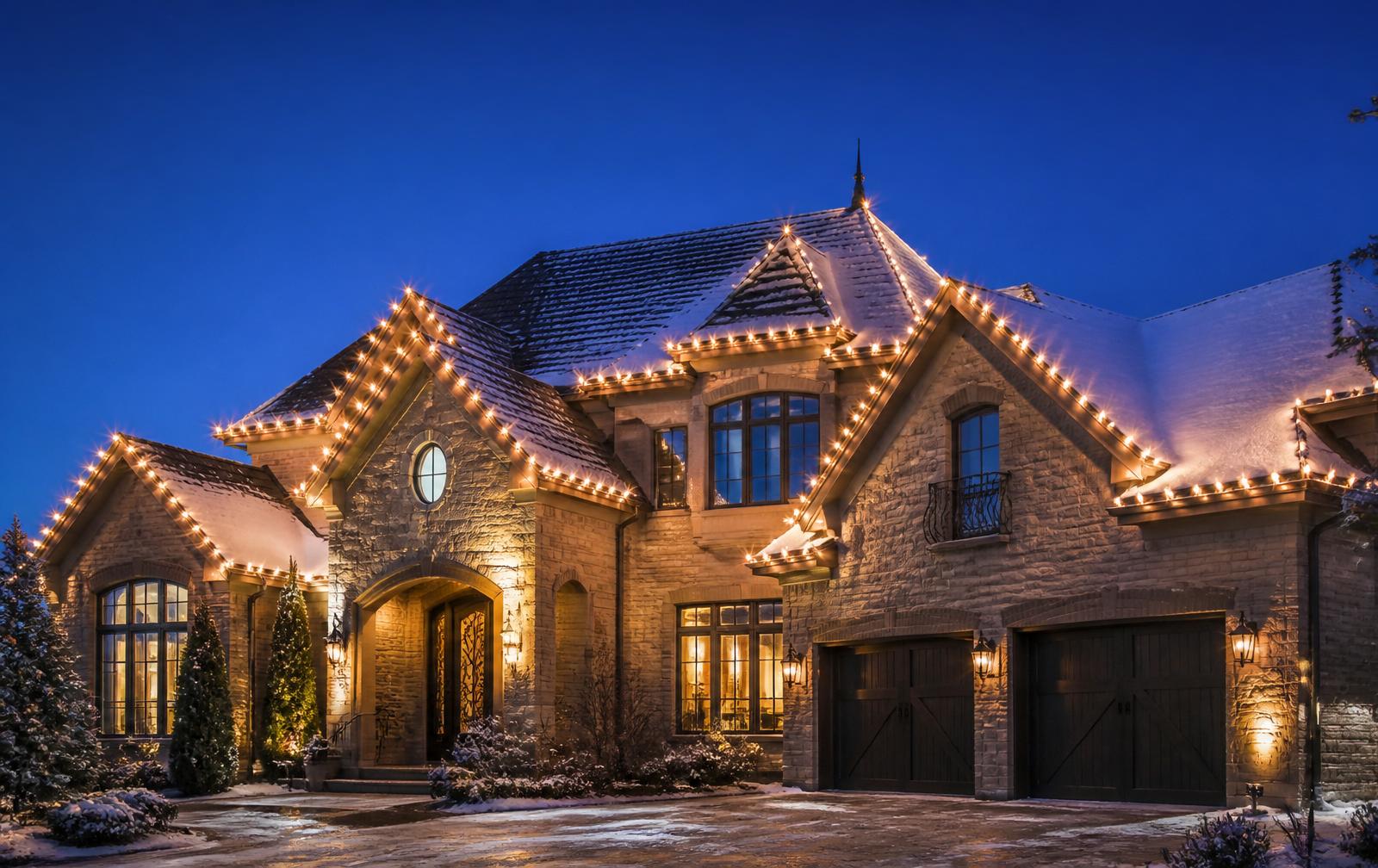 Warm white C9 Christmas lights outlining a luxury roofline at twilight